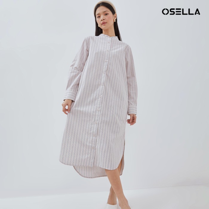 Osella Delcy Long Sleeves Striped Dress With Shanghai Collar 2157501046 | Dress Wanita Lengan Panjan