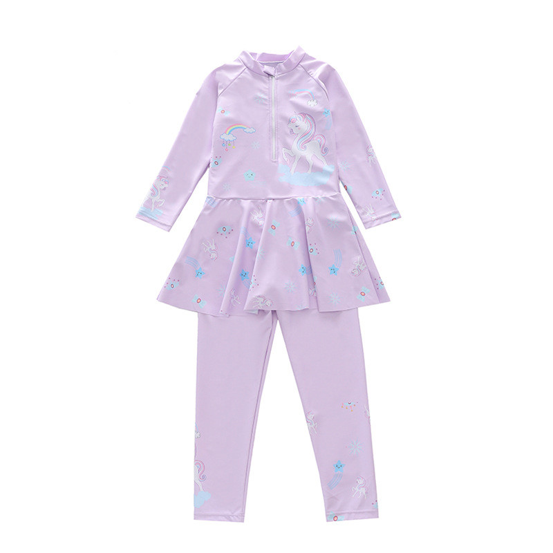 HappyFlute One-piece Dress Swimsuit Long Sleeve Trousers Unicorn Prints Quick Dry Girls Swimsuit
