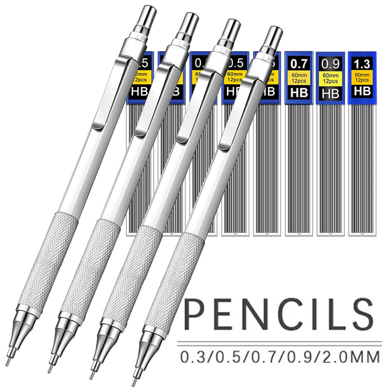 

0.3 0.5 0.9 1.3 2.0mm Metal Mechanical Pencil Set with HB Leads Art Drawing Painting Automatic Pencil Office School Stationary