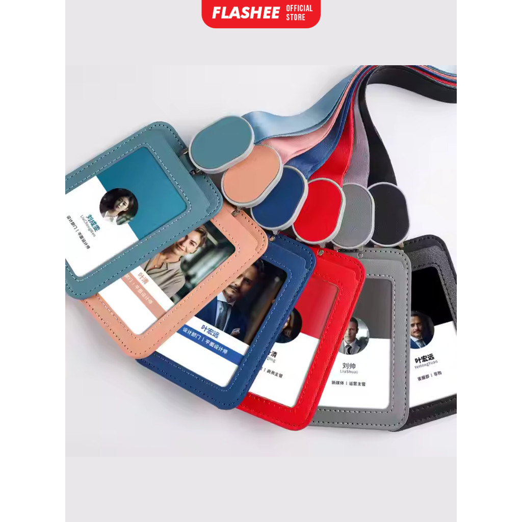 

Flashee ID Card Kancing Bulat Name Tag Kulit PU Tempat Lencana Horizontal Dan Vertikal Lanyard Kulit