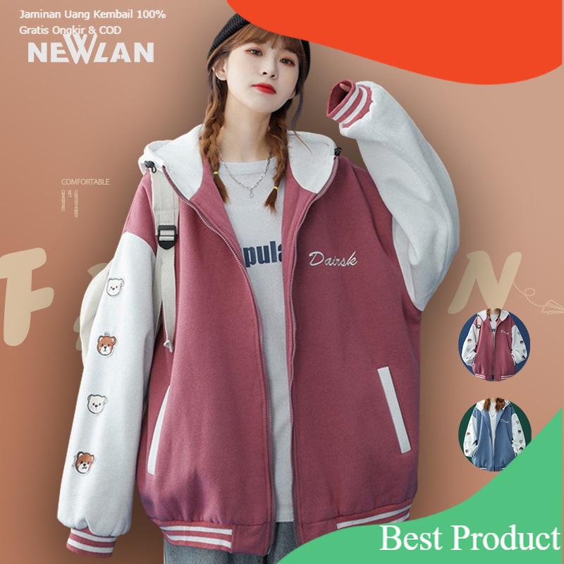 Newlan WT010 Jaket Baseball Wanita Japanese Harajuku BF Unisex Jacket Oversize College Baseball/Swee