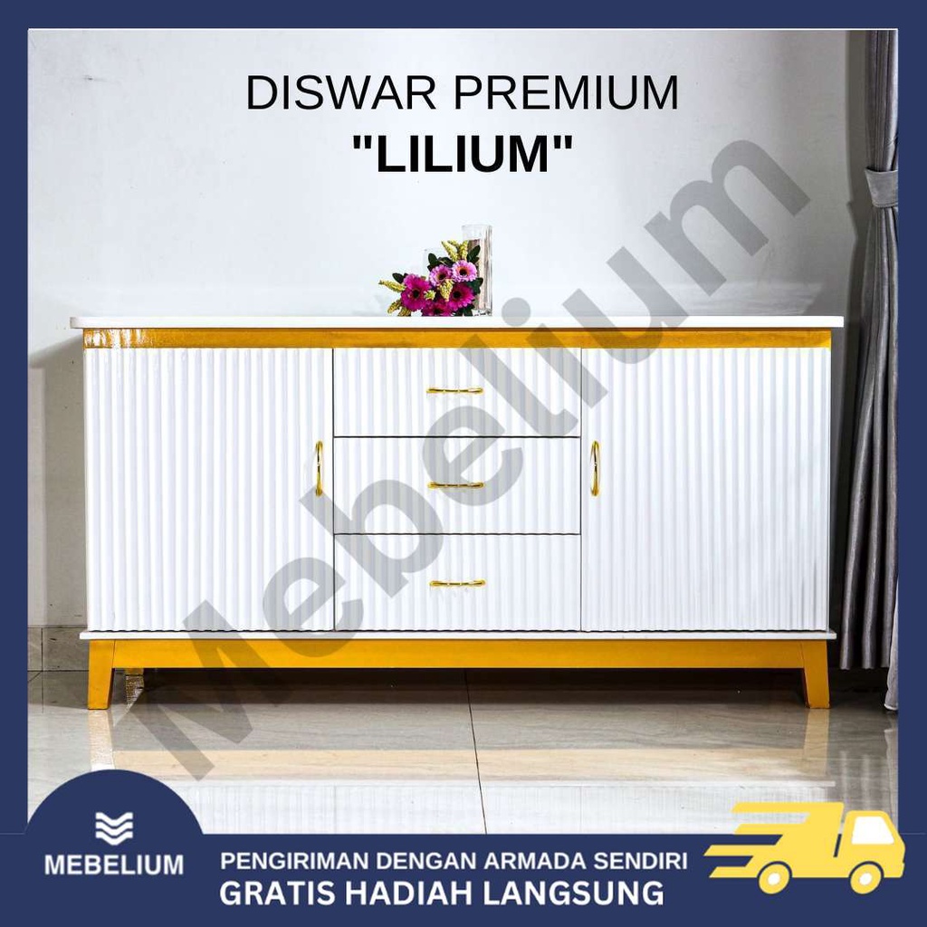 Diswar White Gold Premium Exclusive Lilium | Bufet TV Scandinavian Salur Modern Kayu Bloktik | Meja 