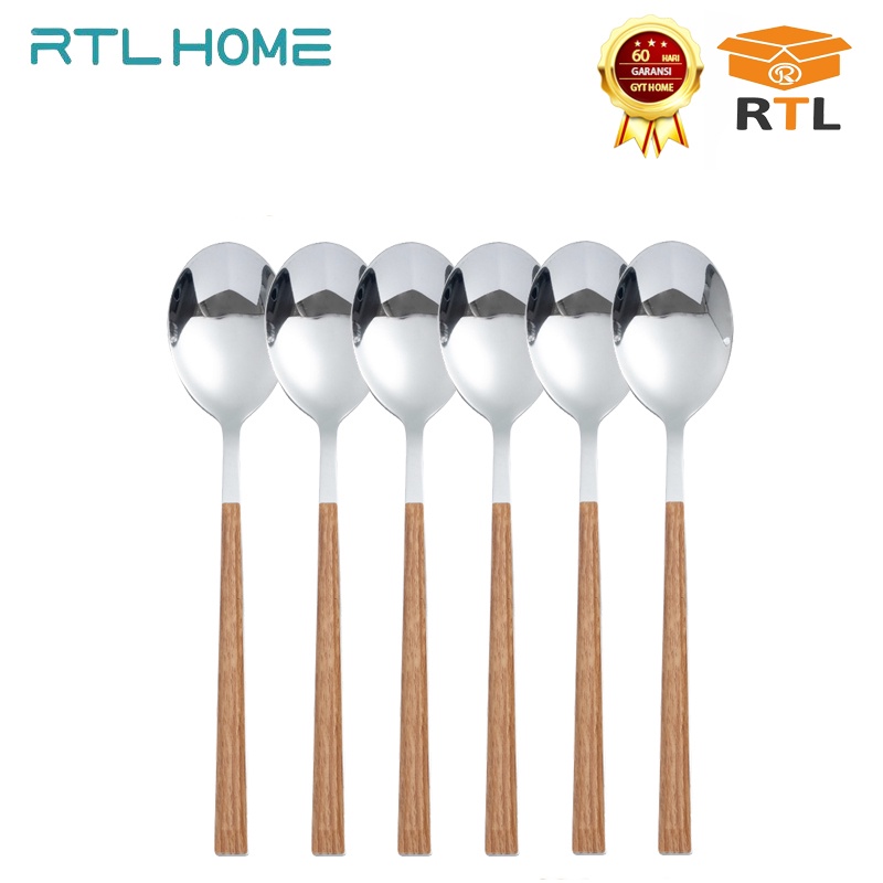 RTL Sendok Makan Tebal Isi 6pcs Gagang Motif Kayu Stainless Steel Berkualitas