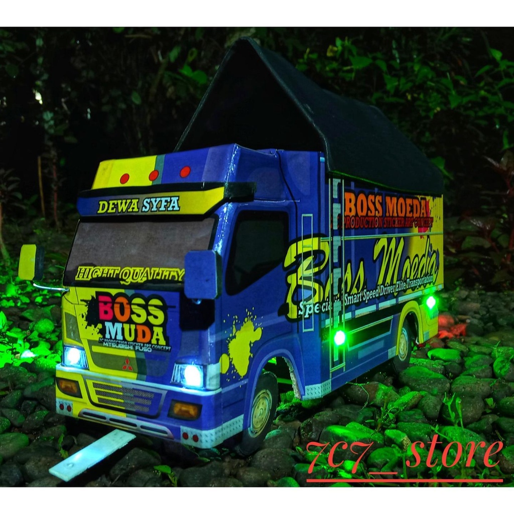 miniatur truk oleng BOSS MUDA biru-kuning variasi lampu LED,terpal,oleng