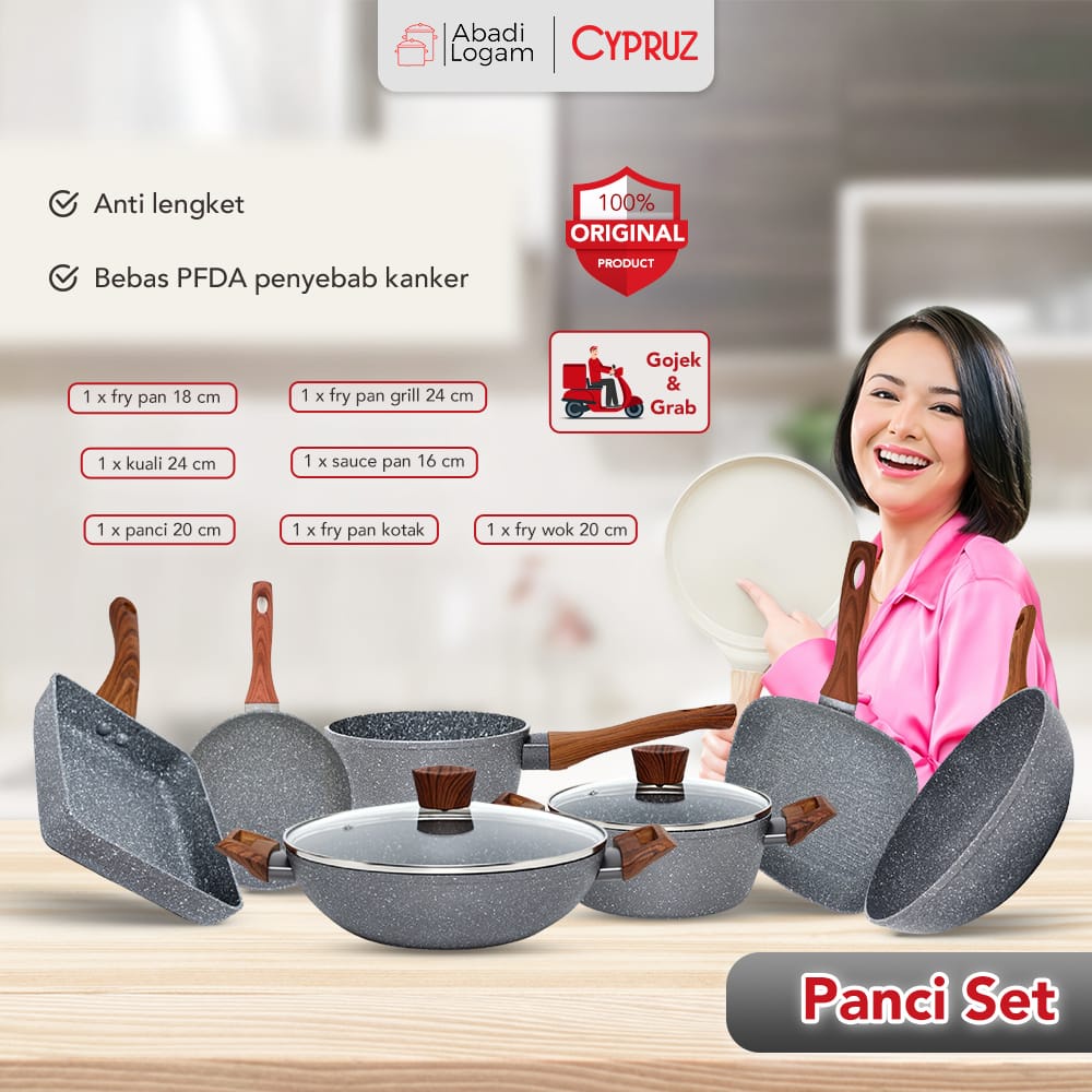 CYPRUZ PANCI SET PAKET SUPER LENGKAP III GLOW PAN COOKWARE STEIN MARBLE TEFLON WAJAN ANTI LENGKET