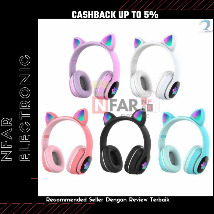 Headphone Bluetooth Bando Motif Kucing Headphone Lucu Cat Ear Anak - Hitam