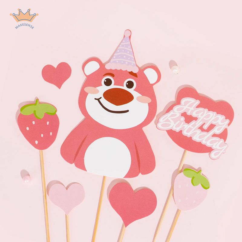 Topper Lucu Strawberry Bear Cake Plugin Strawberry Love-Heart Heart Plugin Dekorasi Kue Kreatif MK