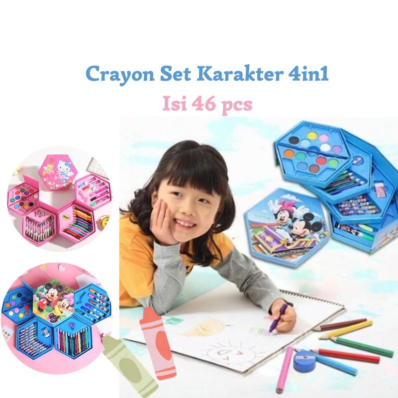 Crayon Set Susun 4 Pensil Warna isi 46 pcs Cat Air Lukis Alat Gambar Murah Mainan Edukatif Seni Anak