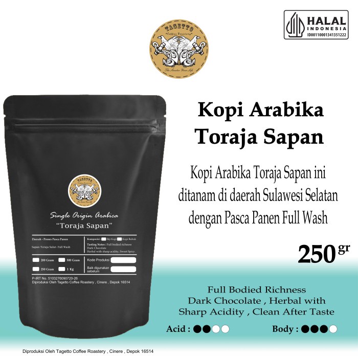 

BD-776 KOPI ARABIKA TORAJA SAPAN 250GR BIJI ATAU BUBUK | ARABICA COFFEE - MEDIUM ROAST, BIJI KOPI