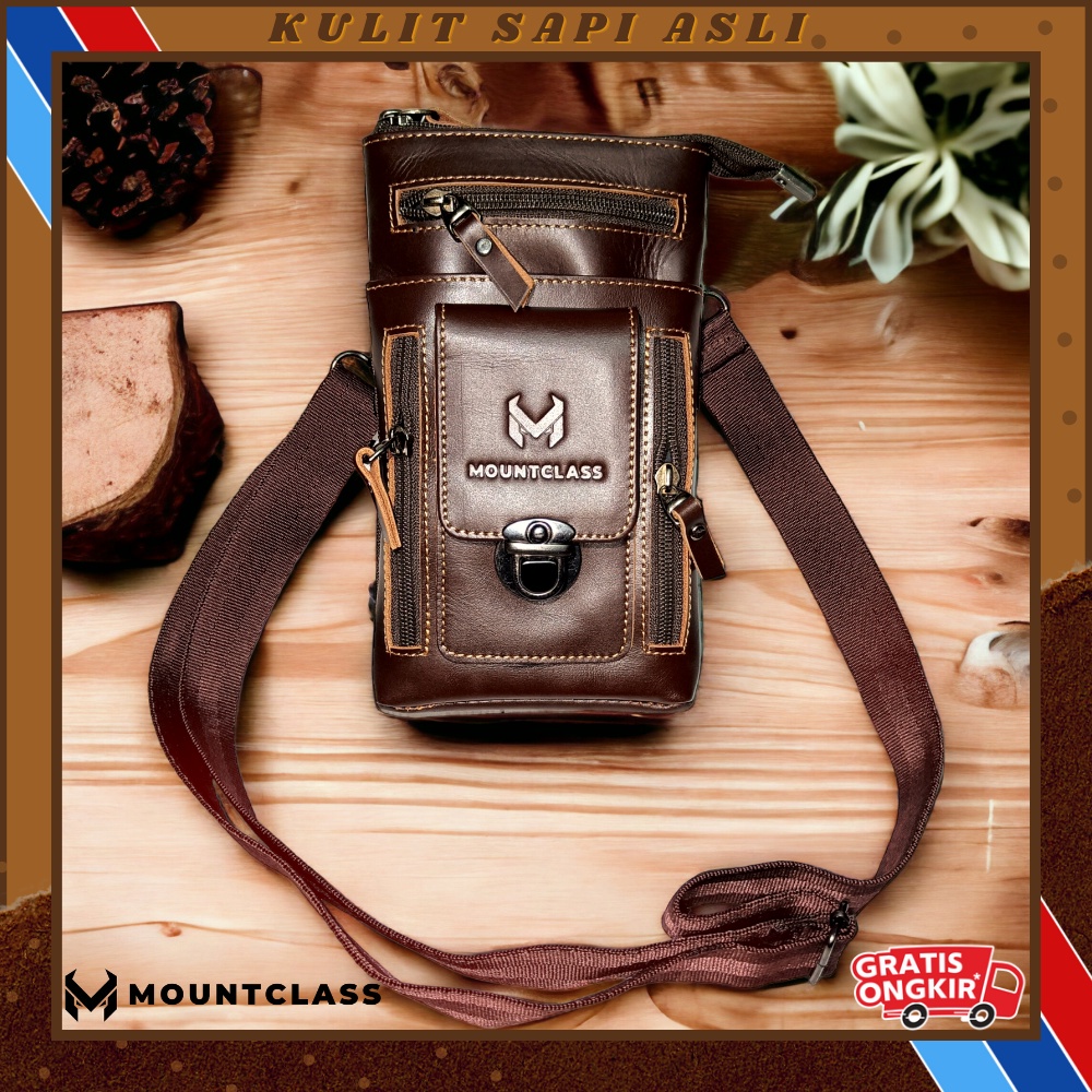 (Mountclass) Waistbag KULIT SAPI ASLI Tas Selempang Kulit Mini Smartphone Tas Hp Multifungsi 100% ku
