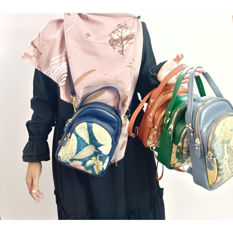 Tas Kulit Wanita Motif Ecoprint Tas Selempang Bahu Wanita Kulit Asli Garut