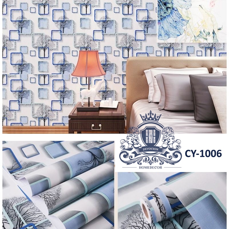 Wallpaper Dinding Ruang Tamu Minimalis Wallpaper Dinding Kamar Tidur Motif Kotak Pohon Biru