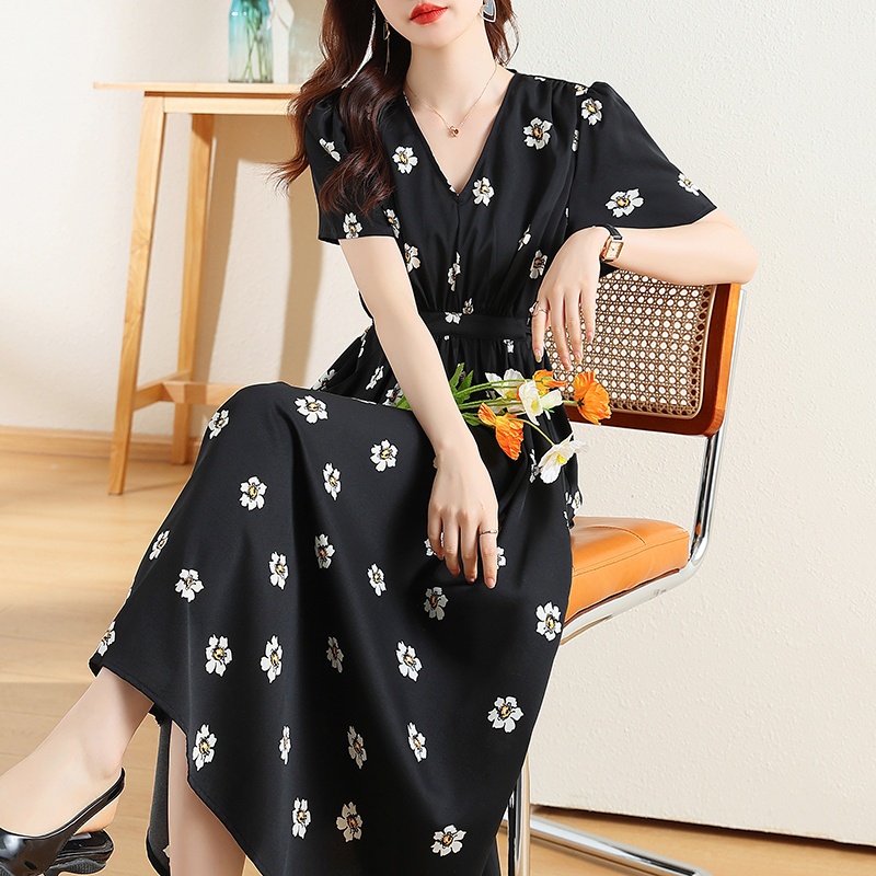 FAN Gaun bermotif bunga kerah V Perancis/dress pesta/dress wanita bunga