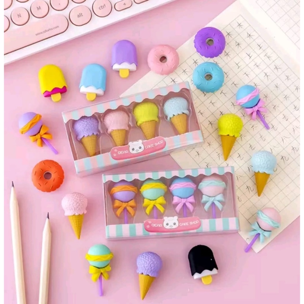 

20. 4 PCS SET PENGHAPUS PENSIL MODEL ICE CREAM DONAT LOLLIPOP POPSICLE / PENGHAPUS LUCU 4 IN 1