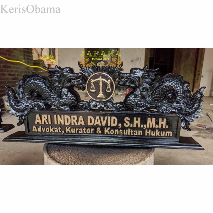 Papan Nama Ukir Kayu Motif Naga, Papan Nama Meja Kantor Naga Kembar murah