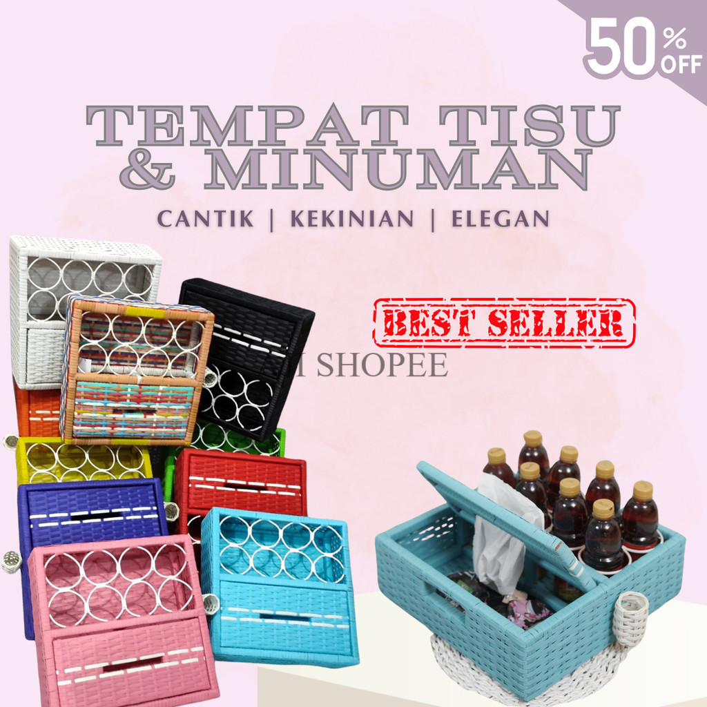 [2in1] Tempat Tisu dan Air Mineral Gelas Rotan Sintetis / Wadah Tisu dan Air Mineral  Gelas Rotan Si