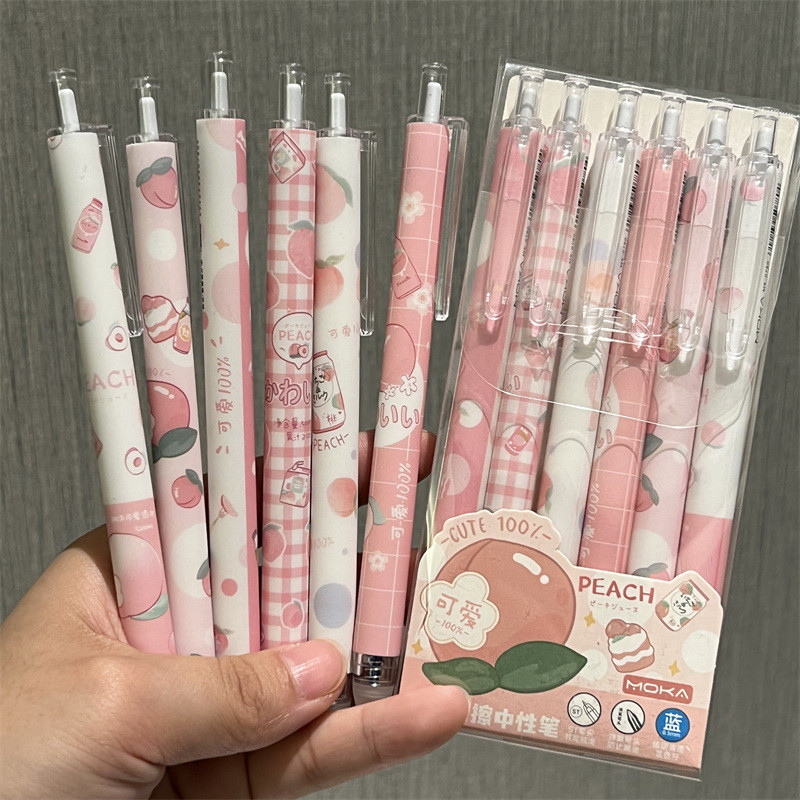 

6pc/set Sweet Korean Peach Juice Gel Pen for Kids Girl Kawaii Cartoon Pink Color Stationery Gel Pen 0.5mm Black Ink Erasable Pen