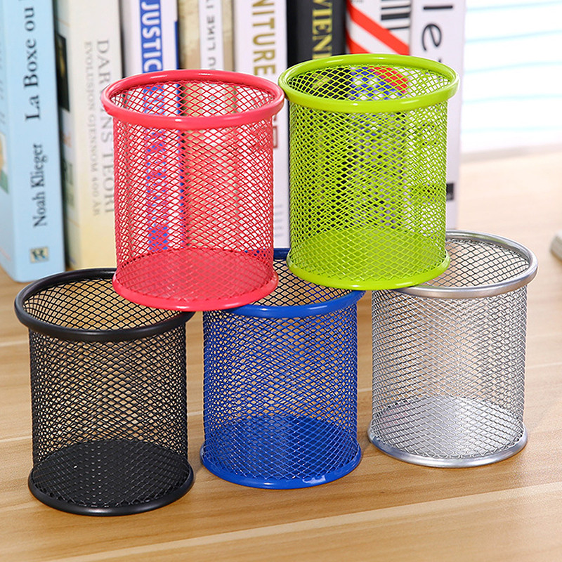 

1PC Iron Pen Holder Hollow Desktop Storage Bucket Student Stationery Multi-functional Office Black Color Round Square Pen Holder