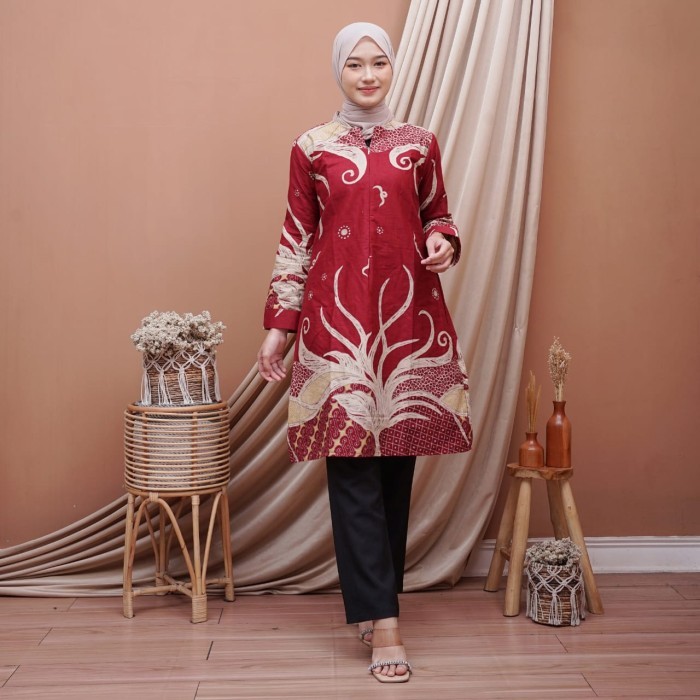 Baju Batik Wanita Tunik Modern Terbaru Warna Merah Cabe #15