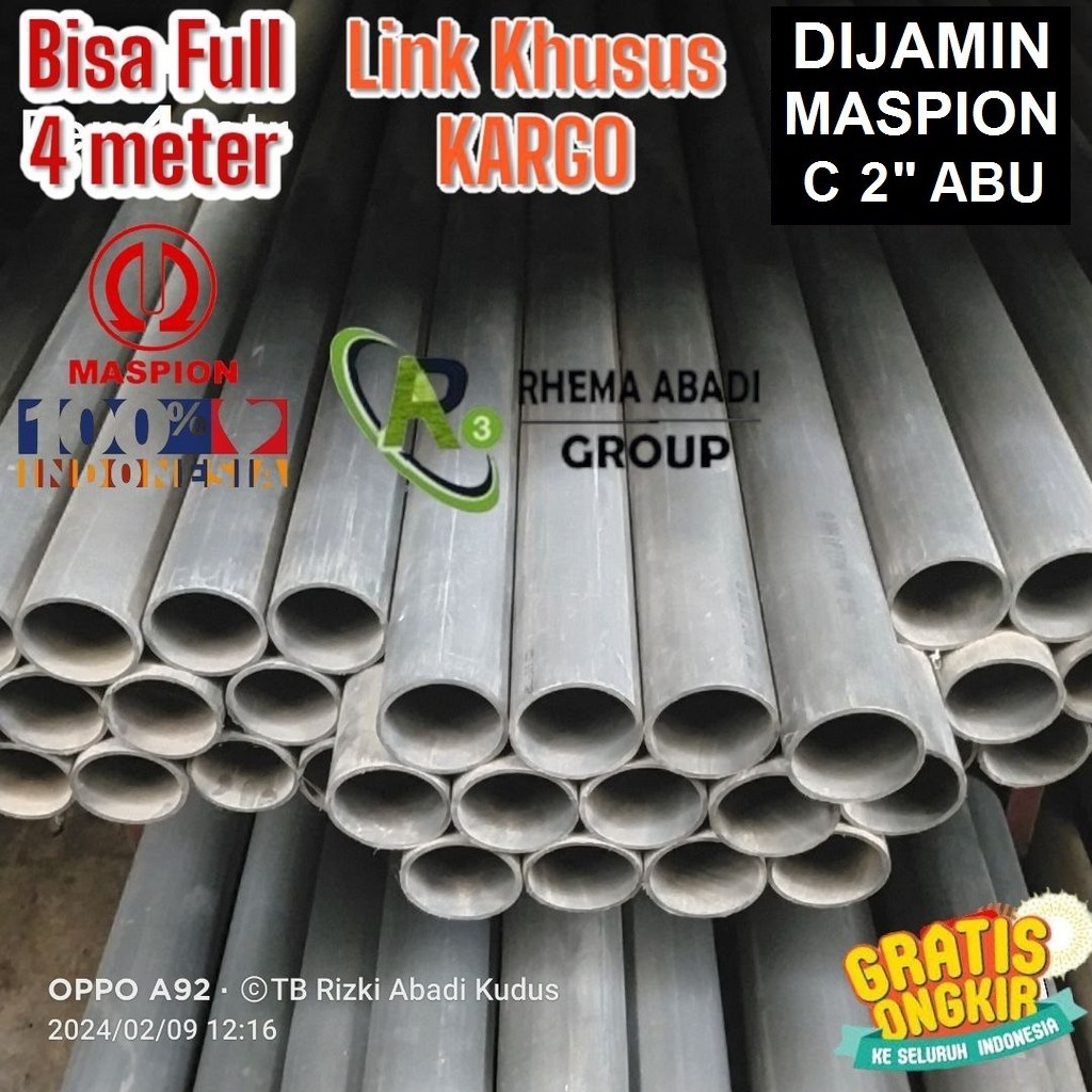 Pralon Pvc Pipa Air MASPION C ABU 2" inch (60 mm) Paralon Harga per Batang Utuh 4 Meter mtr FULL