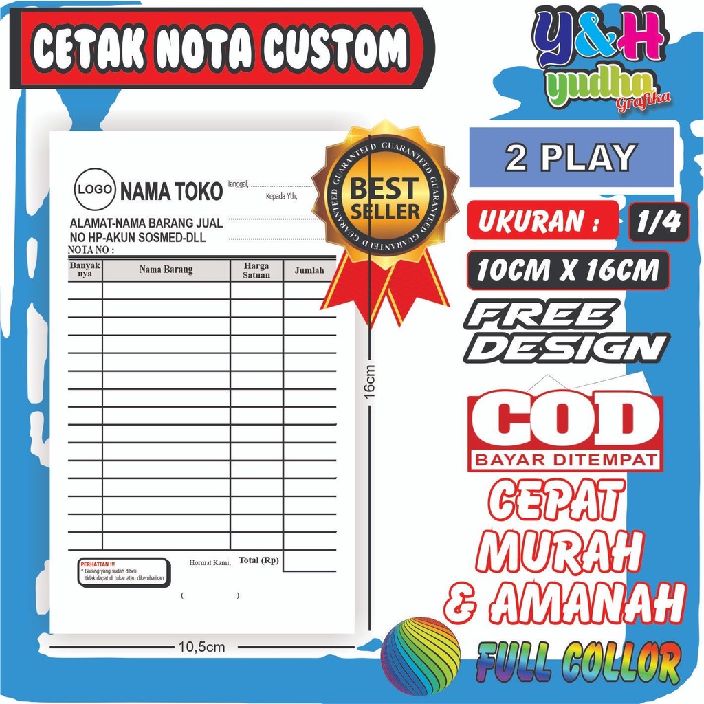 

Nota Costum1/4 2 Ply ( isi 25 set 50 lembar) Gratis Desain Bebas Nama Sendiri Y&H Yudha Grafika