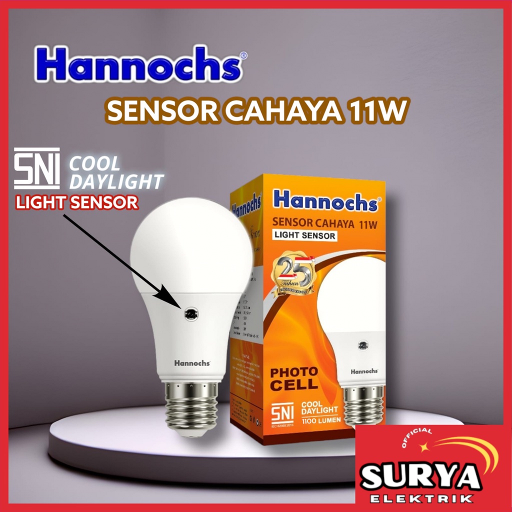 Bohlam Lampu LED HANNOCHS LIGHT SENSOR 11 Watt SNI E27 Photo Cell Sensor Cahaya