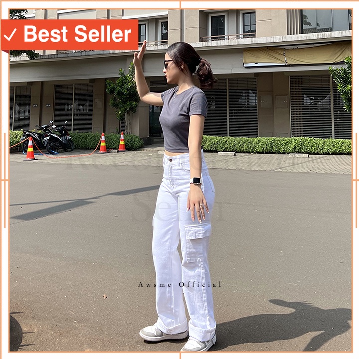 Denim Murah Fashion Remaja Keren Kekinian / HW CARGO LOOSE JEANS WHITE / JEANS CARGO WANITA KEKINIAN