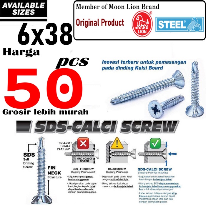 6x38 SEKRUP GRC SDS KALSIBOARD LIST PLANG BRAND MOON LION STEEL 50PCS 6 / BAUT SEKRUP ROOFING BAJA R