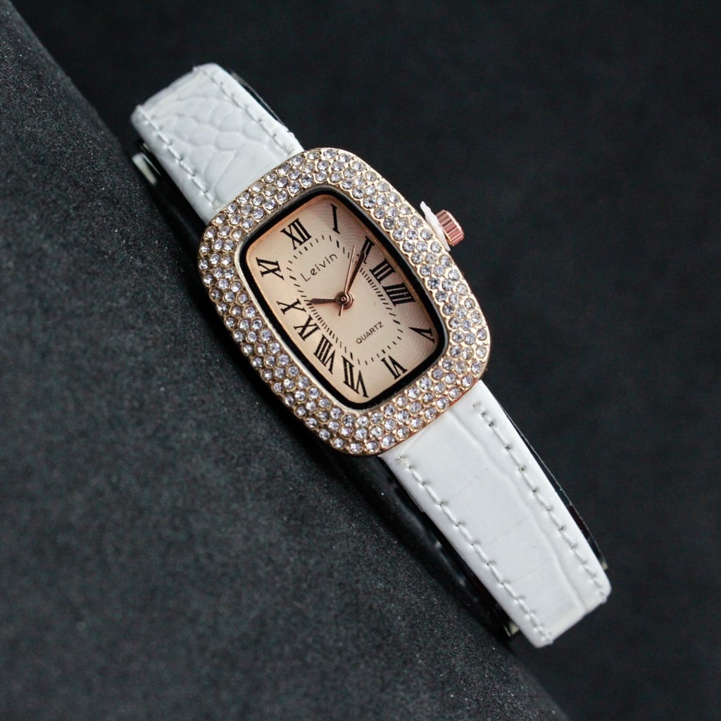 Jam Tangan Wanita Analog LEIVIN Fashion Watch Original LV-1953 Tali Kulit Gemstone Oval Case Model K
