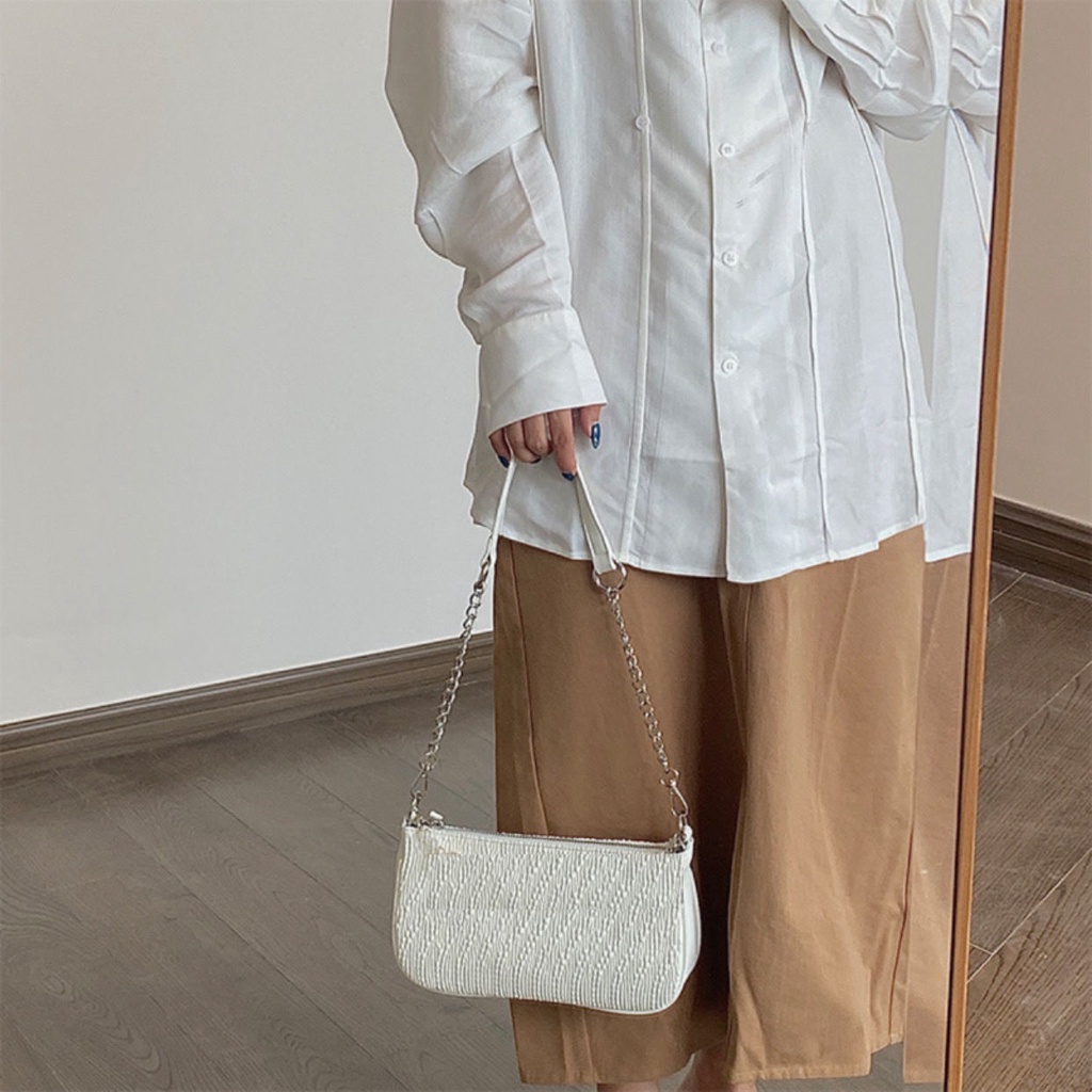 Aroana BagTas ketiak lipit asli Perancis baru untuk wanita tas selempang bahu rantai mutiara retro t