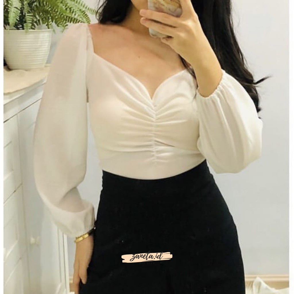Baju Atasan Sabrina Crop Top Korean Lengan Panjang/pendek Kerut/Serut