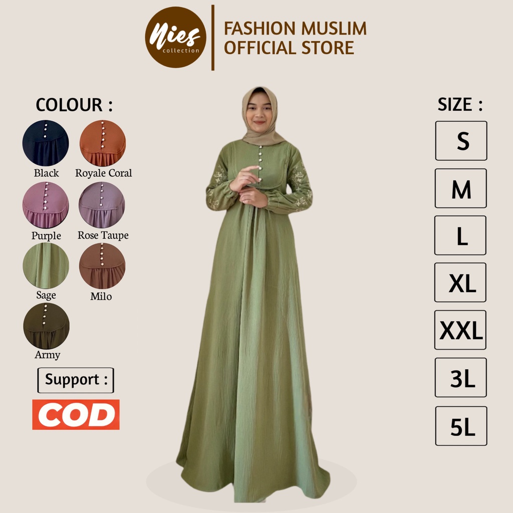 Dania Maxi Gamis Bordir Jumbo LD 140 130 120 110 104 98 92 Bahan Cey Crinkle Airflow Premium