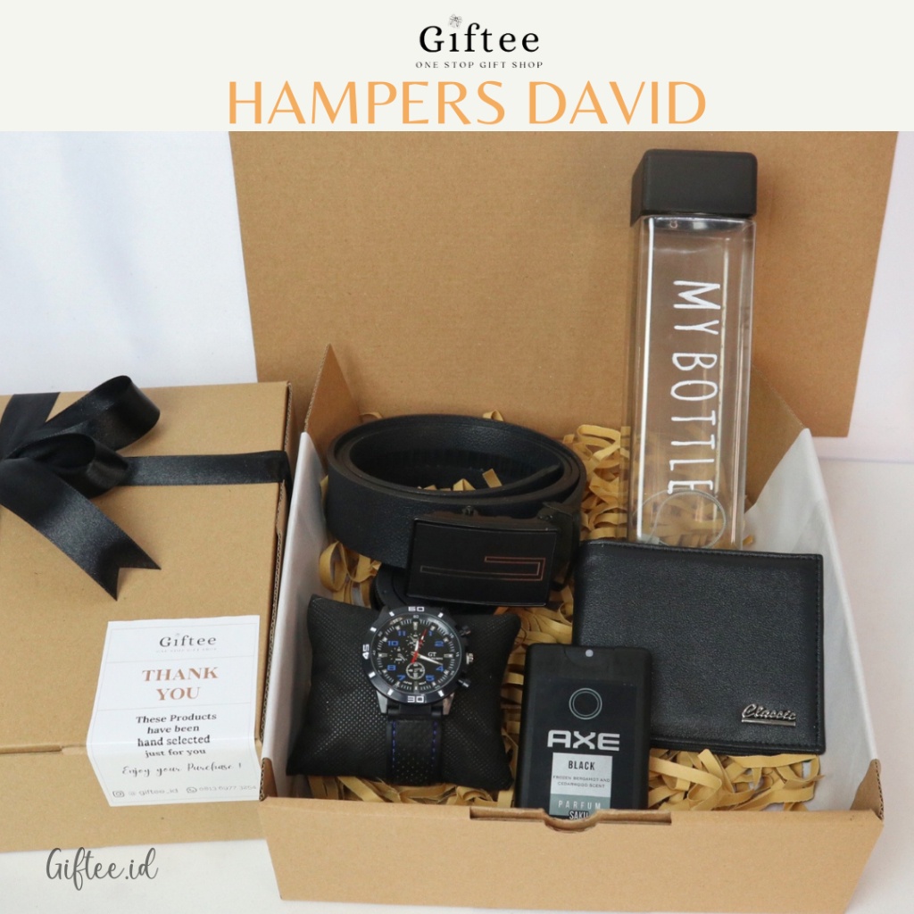 HAMPERS COWOK DAVID DOMPET BOTOL MINUM JAM PARFUM TALI PINGGANG PRIA PREMIUM KADO HADIAH GIFT SET BO