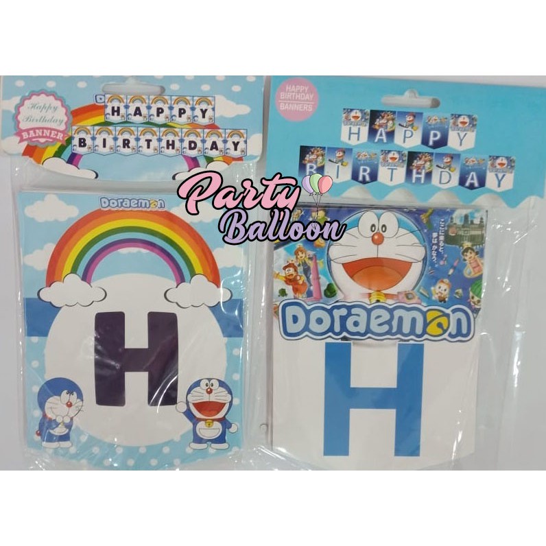 Banner Ulang tahun Tulisan Happy Birthday Anak Laki Perempuan Karakter Doraemon