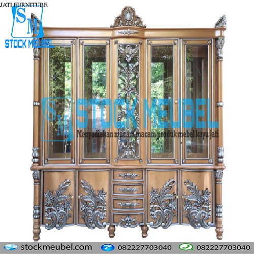 Termurah Lemari Hias Ruang Tamu Mewah Berkualitas Kaca Kayu Jati Ukir Jepara