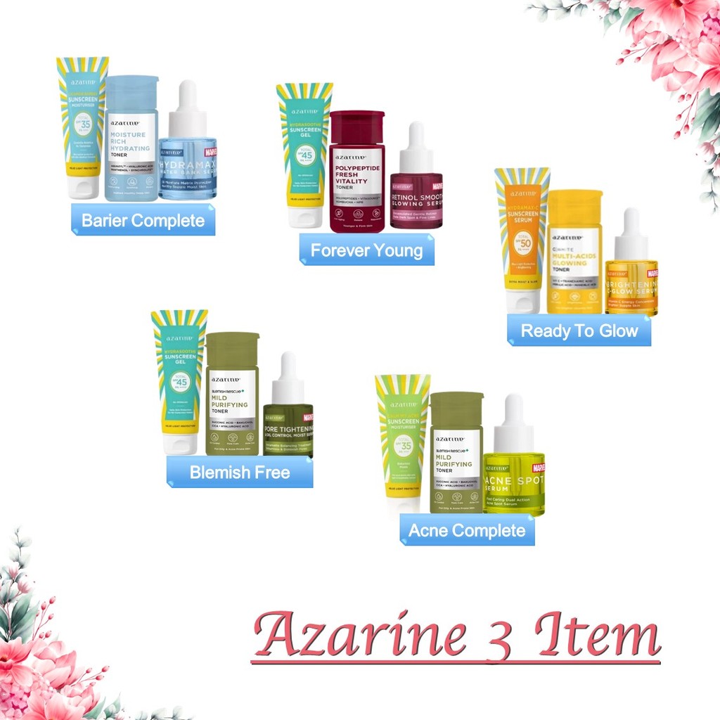 Azarine Basic Skincare Kit (Sunscreen + Toner + Serum) [3PCS] Paket TRIAL KIT KULIT KOMBINASI SENSIT