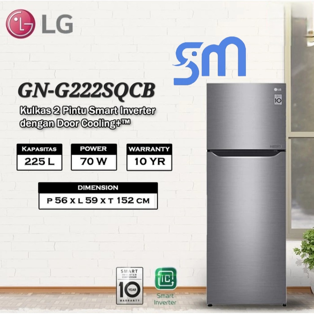 Kulkas LG GN-G222SQCB 2 pintu Smart Inverter GNG222SQCB 225 L 222SQCB