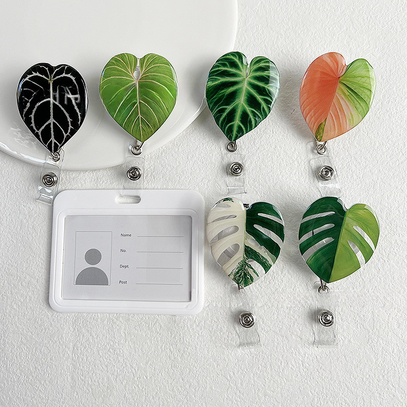 

Acrylic Plant Leaf Cute Nurse Badge Reels Heavy Duty Retractable 360 Alligator Clip ID Holder For Student Doctor
