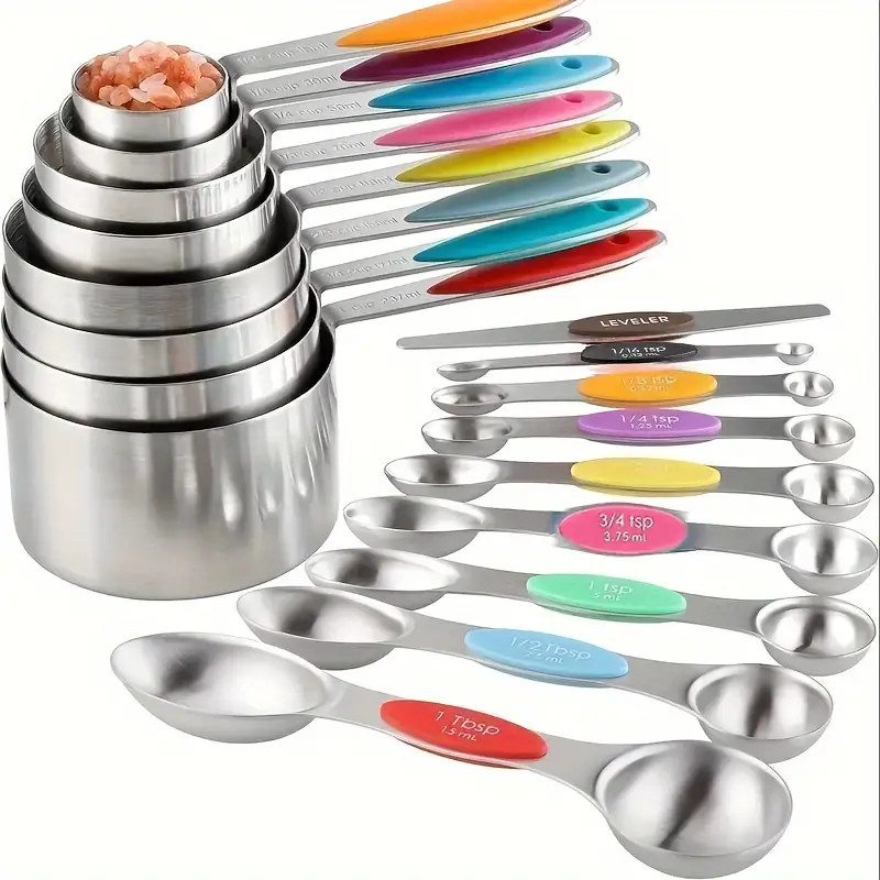 

9/17 piece, stainless steel heavy duty measuring cup and spoon set, double-sided magnetic for drying and liquid ingredients