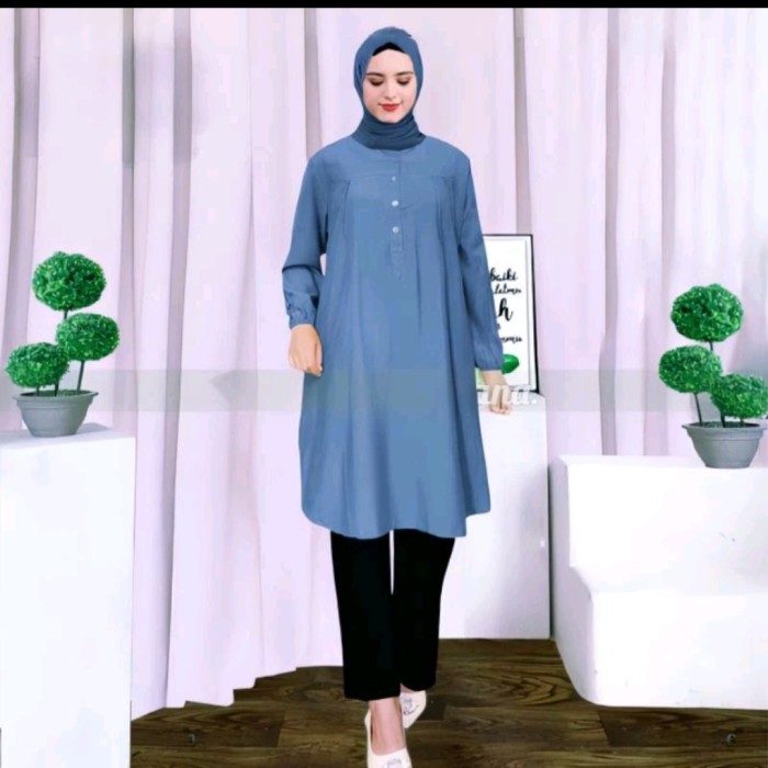 Trend Style -[ Fahion Muslim ] Tunik Polos Viscose Jumbo Biru Jeans - M