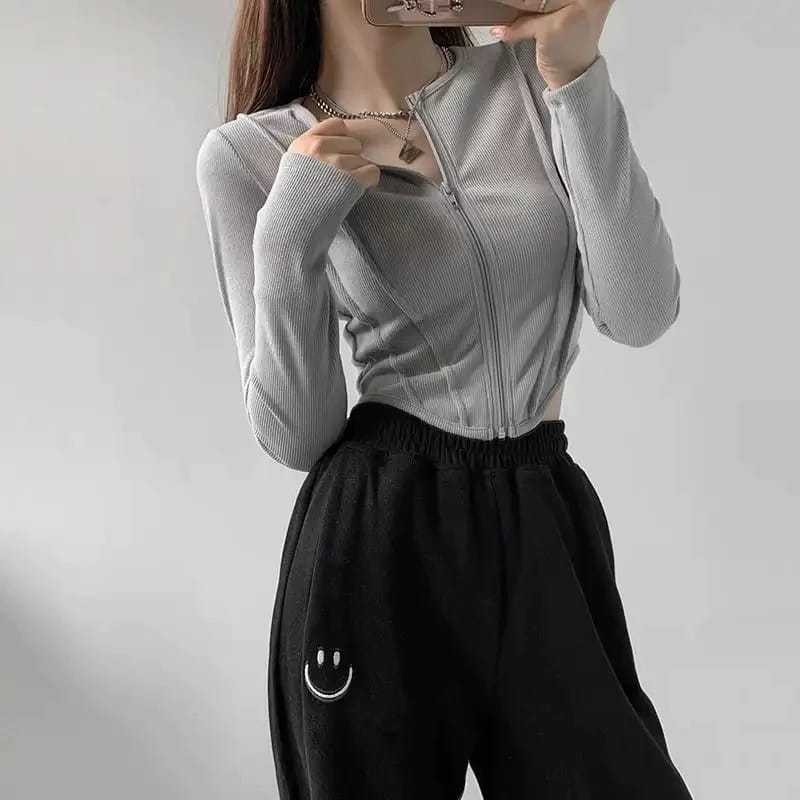 Queen Grosir Baju Coluna / Sweater Wanita Coluna Zipper Crop Top