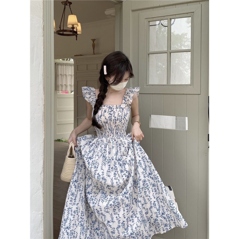 Midi Dress Rok Panjang Bawah Lutut Sebetis Bunga Dada Full Karet Lengan Kupu - Dres Gaun Baju Pakaia