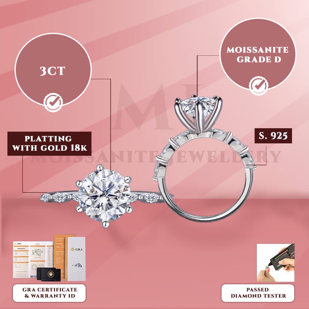 Moissanite Jewellery - Cincin Permata Moissanite Lapis Emas 18K - Eleanore Ring 3CT Sertifikat GRA