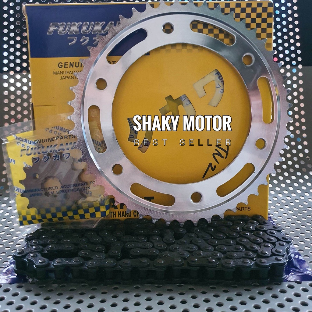 Gir paket CRF 150 428H-130L GEAR 15T/49T BAHAN BAJA TITANIUM CHROME GIR SET RANTAI FUKUKAWA