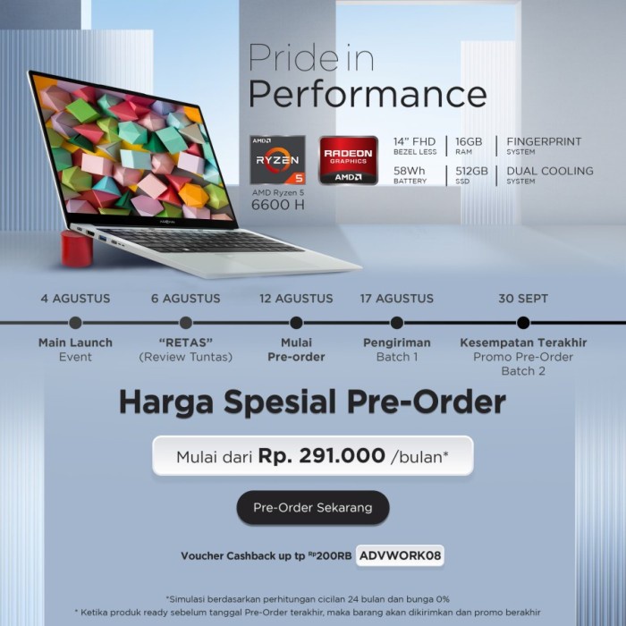 ADVAN Laptop Workplus AMD RYZEN 5 6600H 14'' FHD IPS 16GB 512GB Win 11