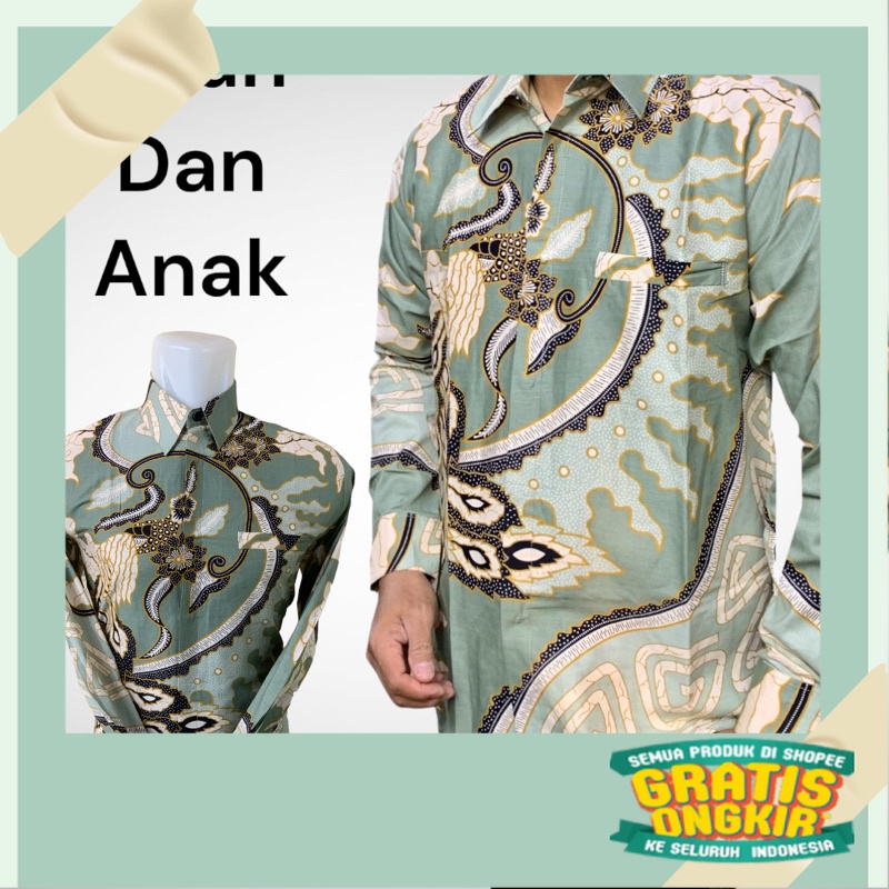 HS Batik couple ayah anak lapisan furing hero warna hijau sage,BATIK SUPER JUMBO WARNA SAGE,kemeja b