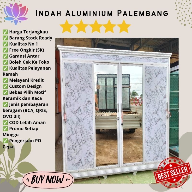 PROMO CUCI GUDANG LEMARI PAKAIAN 4 PINTU SLIDING GESER MARMER SLIDING ALUMINIUM MURAH PALEMBANG