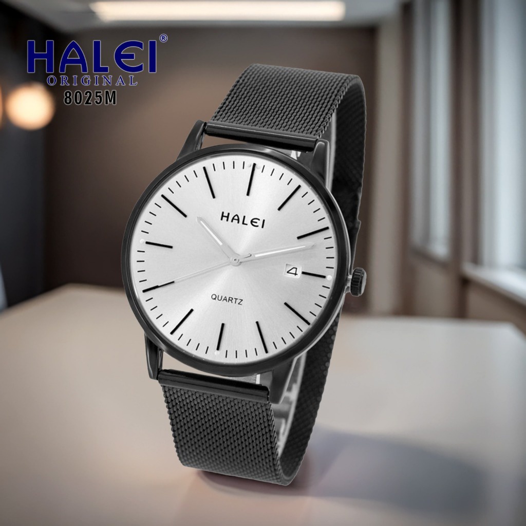 Halei Watch 8025 M - Jam Tangan Halei Rantai Pasir Analog Tanggal Aktif Kekinian -- Tahan Air dan Ga