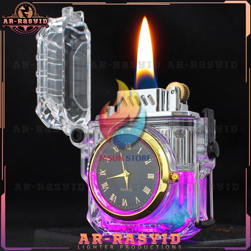 TERBARU Korek Api Minyak LED Jam lampu Anti Air Transparan Plus Cermin  -jasunstore.id