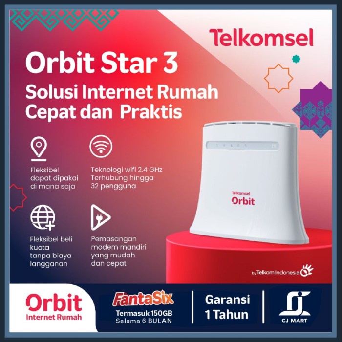 Telkomsel Orbit Star 3 Modem WiFi 4G High Speed Bonus Data 50GB - Modem+Antena